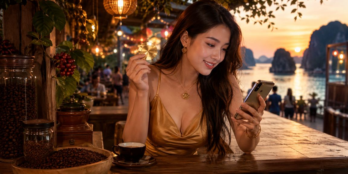 Người dùng nạp tiền qua điện thoại với khung cảnh Vịnh Hạ Long nhìn ra xa