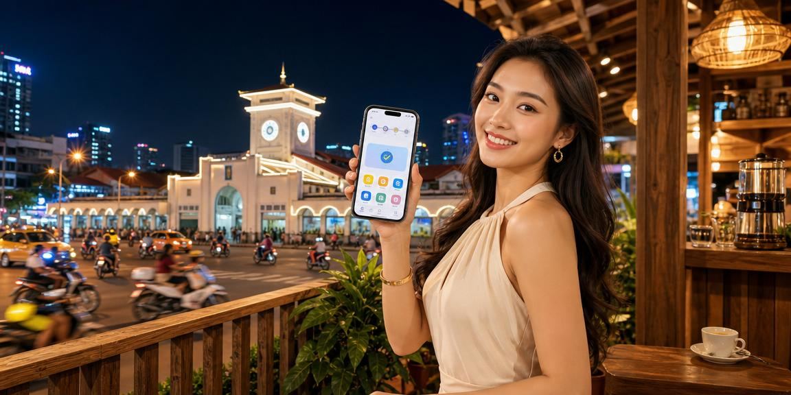 Người dùng TP.HCM thao tác thanh toán trên điện thoại tại quán cà phê buổi tối
